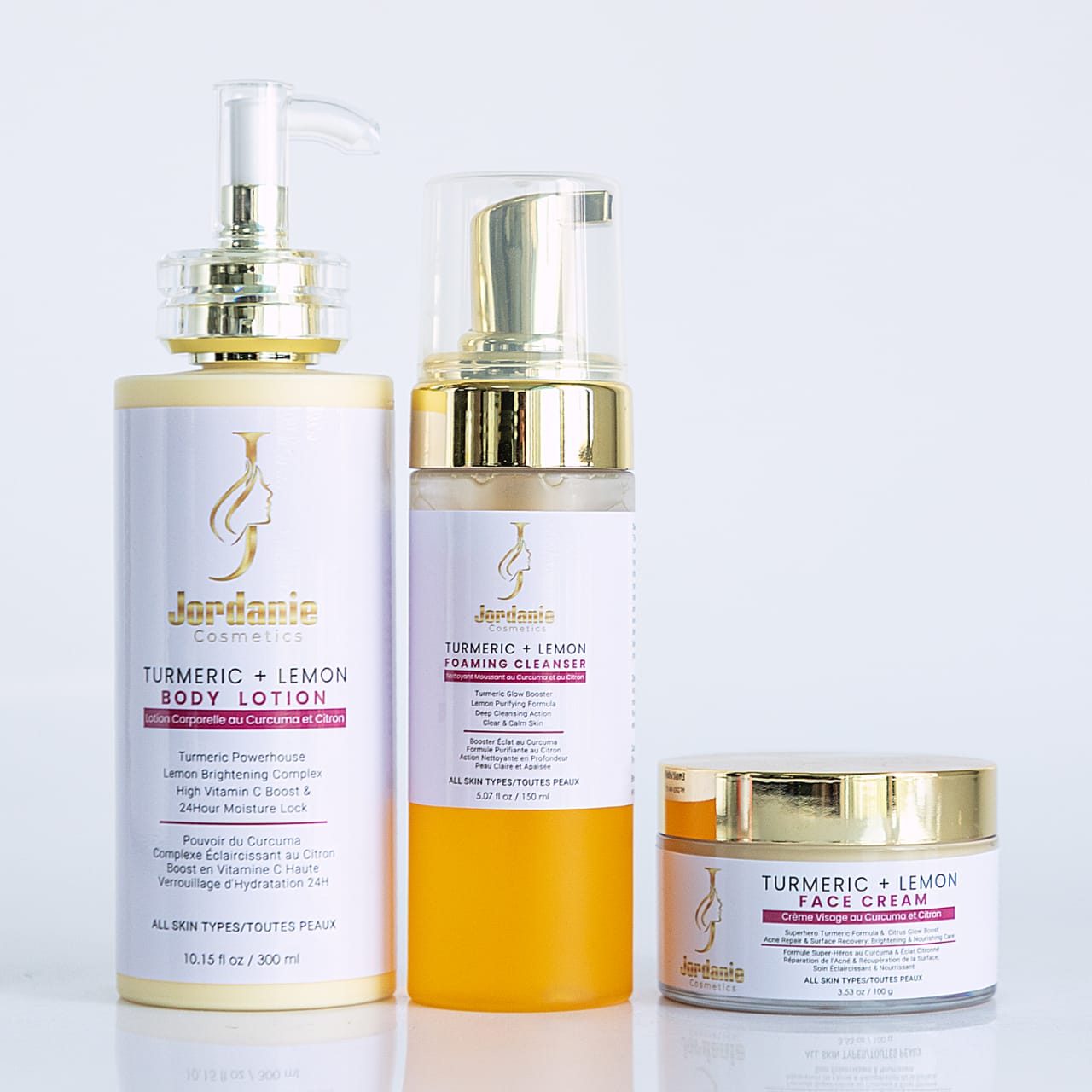 LOTION CORPORELLE, NETTOYANT MOUSSANT ET CREME VISAGE AU CURCUMA ET CITRON